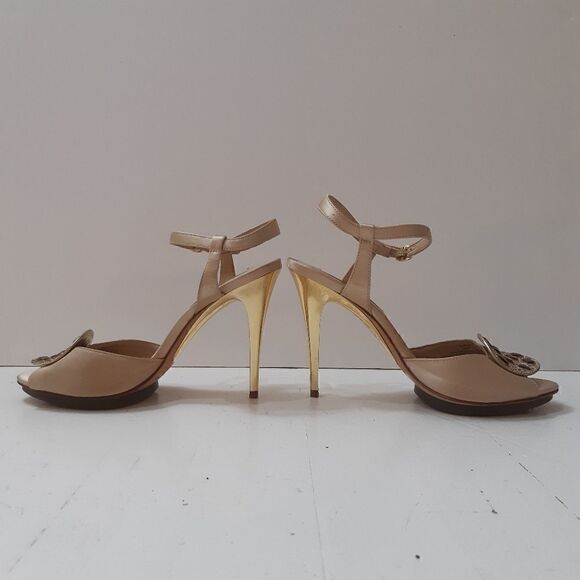 Like New BCBGMaxAzria Jewelled Creamy Satin Gold Heels - Picture 12 of 16